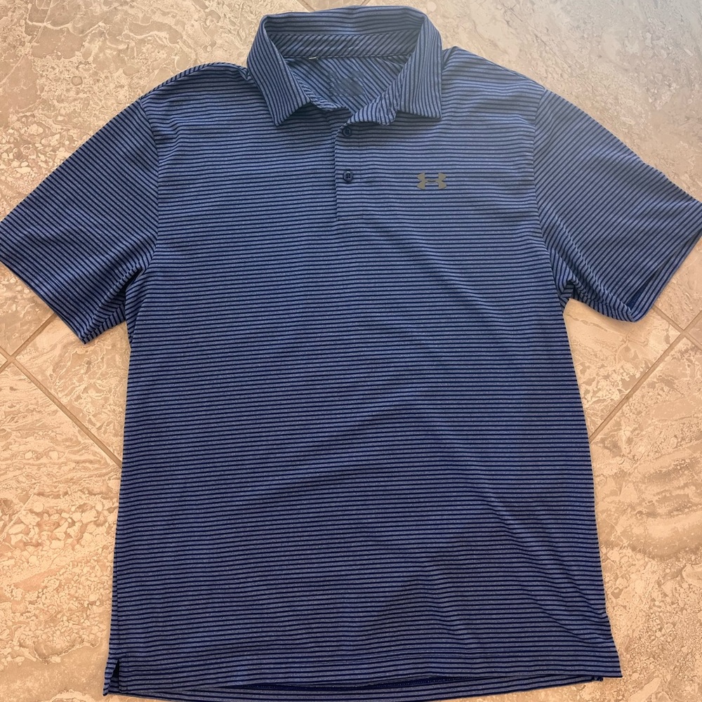 Under Armour Men's Navy and Blue Stripe HeatGear Polo Shirt, size L - Picture 2 of 5